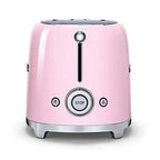 Pink toaster with silver accents on a white background