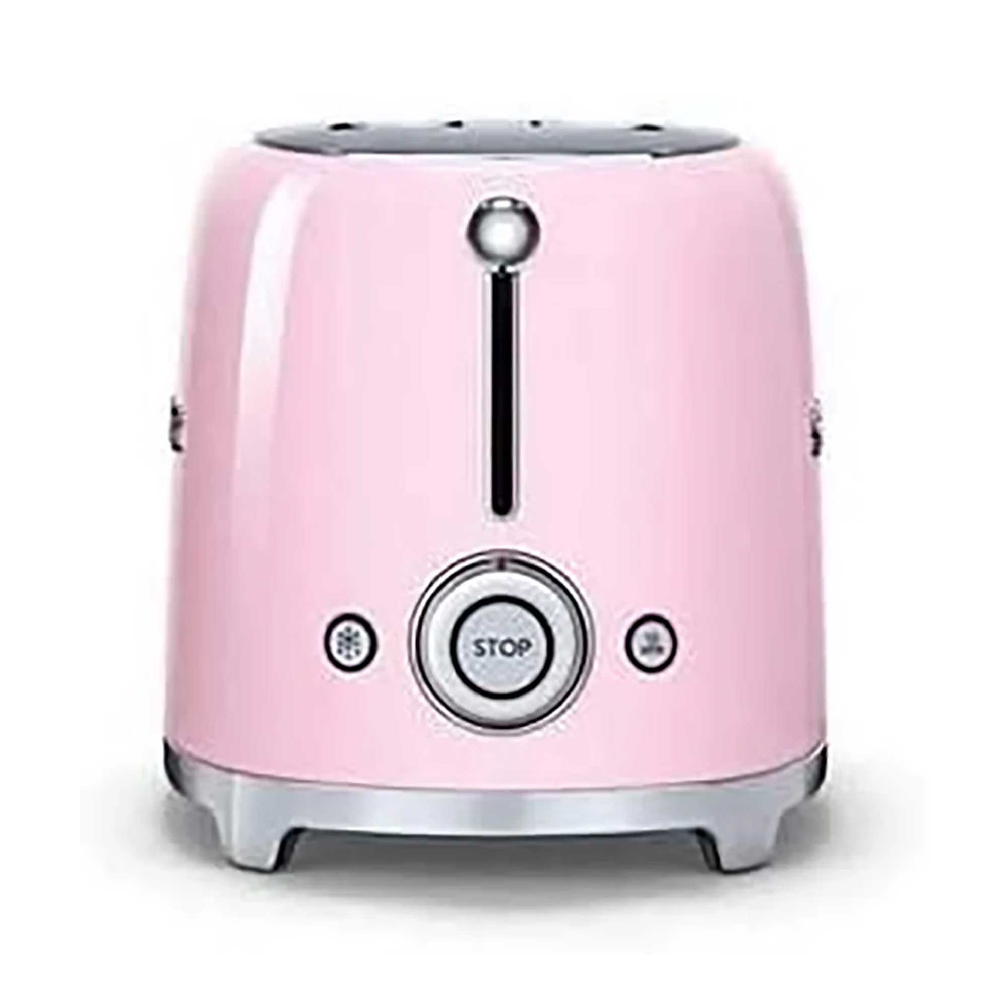 Pink toaster with silver accents on a white background