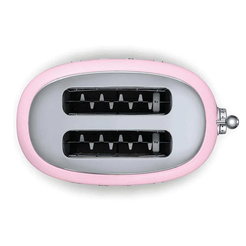 Pink and silver toaster on a white background