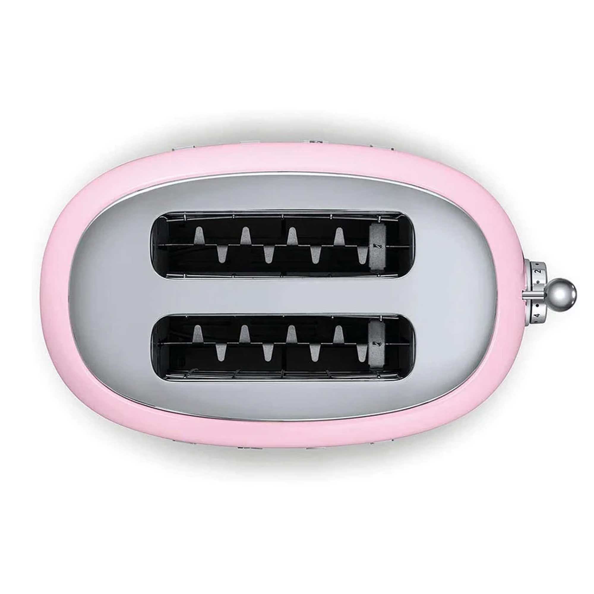 Pink and silver toaster on a white background