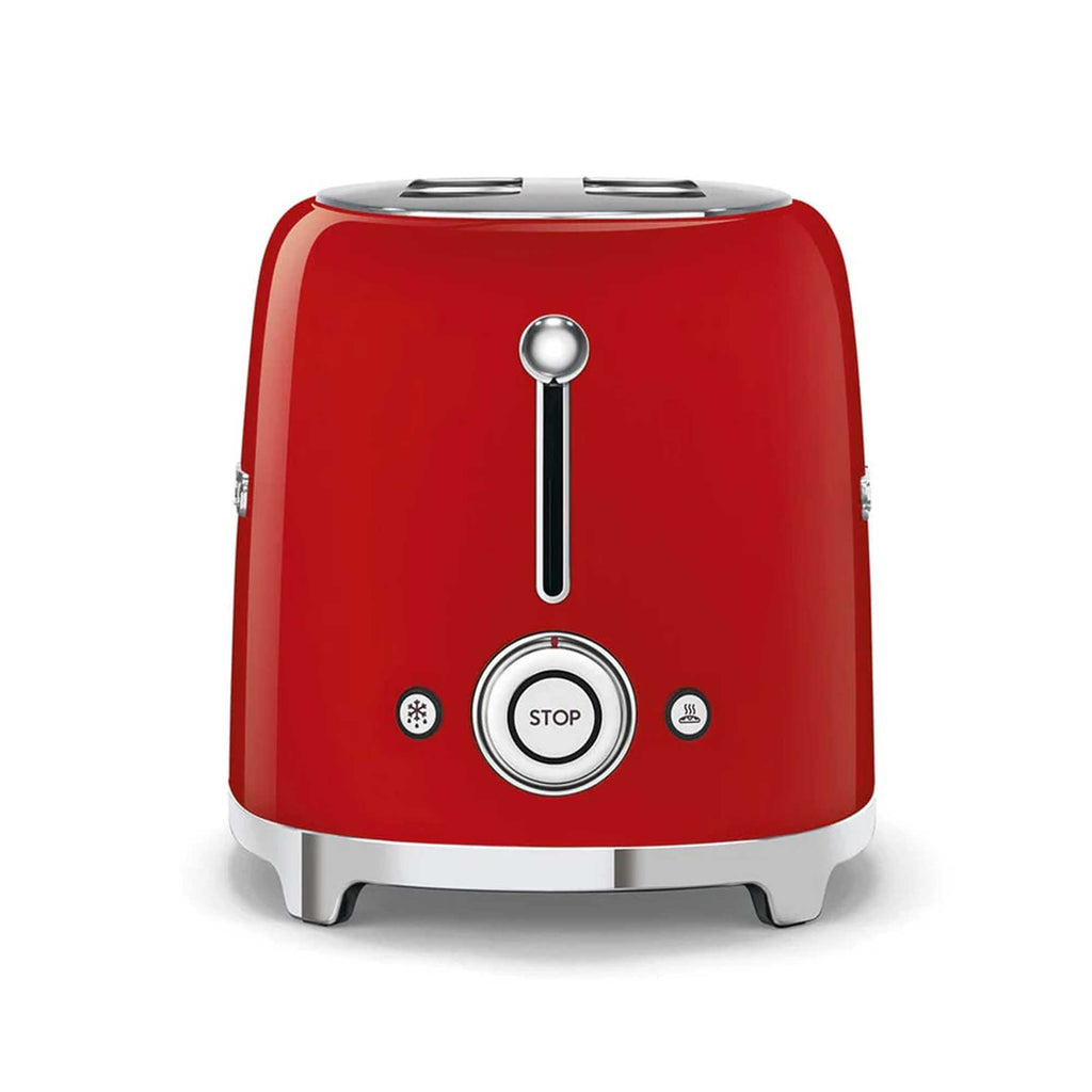 Red toaster with a silver control panel on a white background