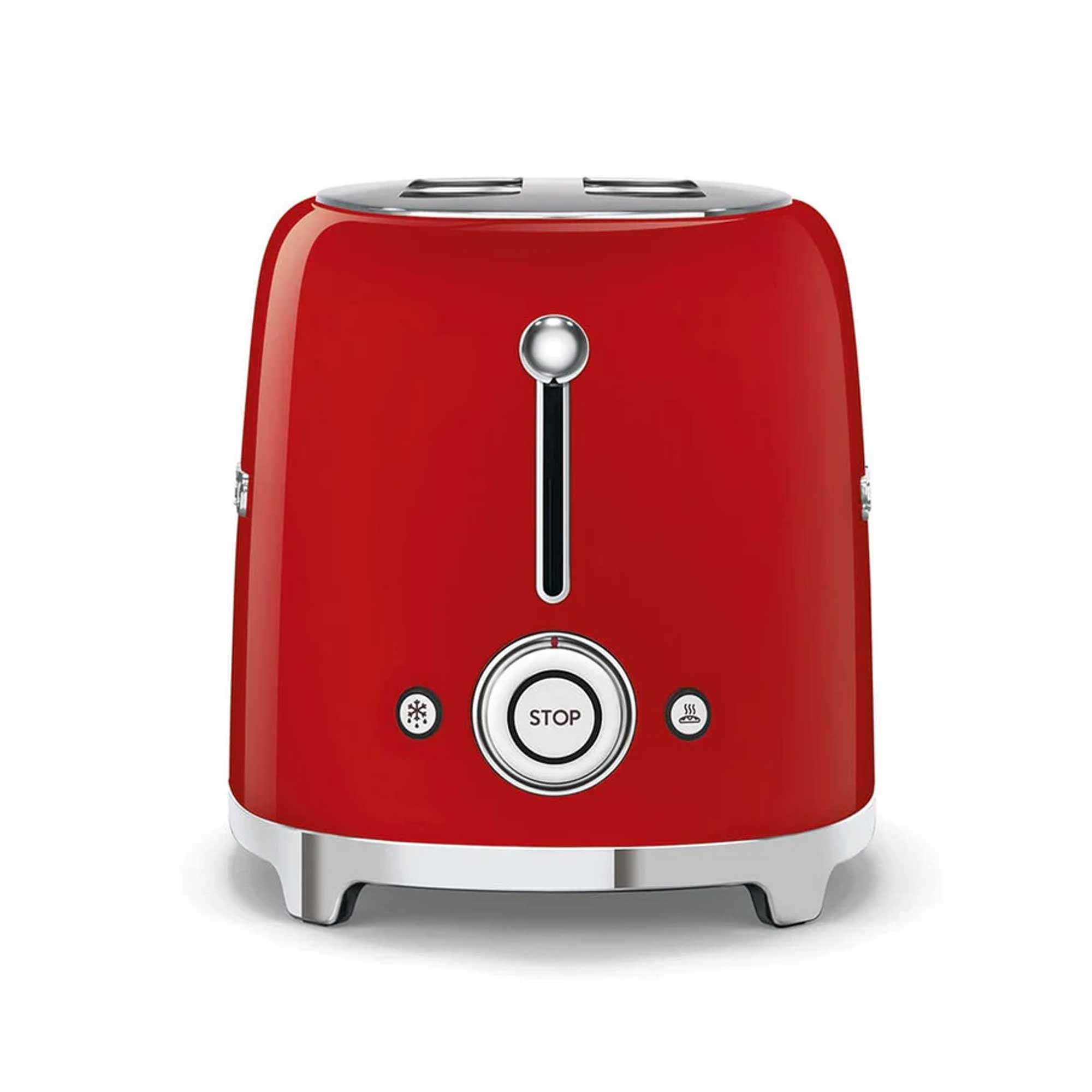 Red toaster with a silver control panel on a white background