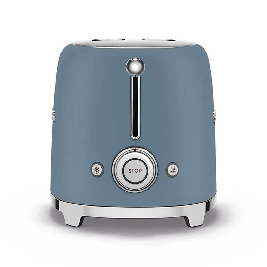 Blue toaster with silver accents on a white background