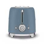 Blue toaster with silver accents on a white background