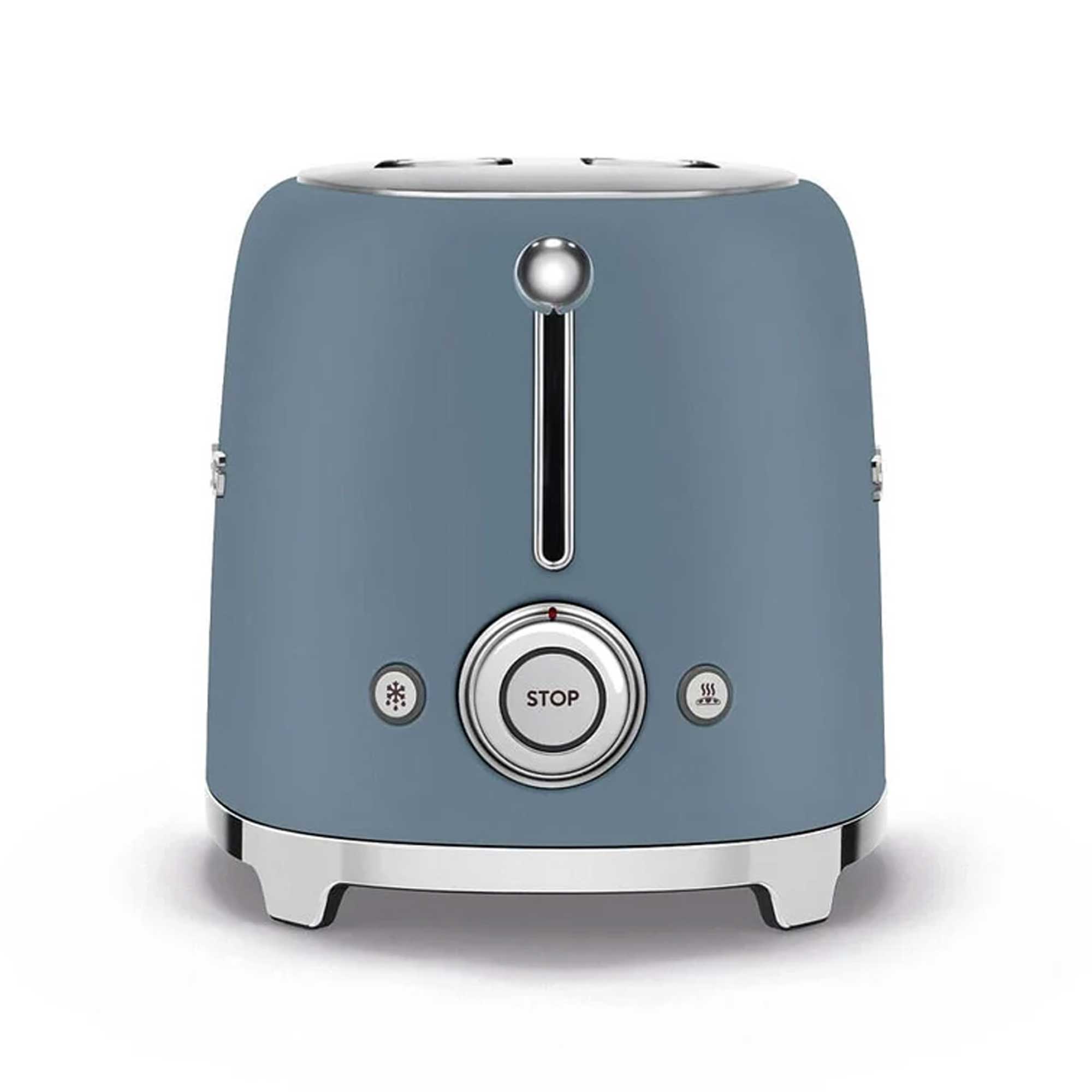 Blue toaster with silver accents on a white background