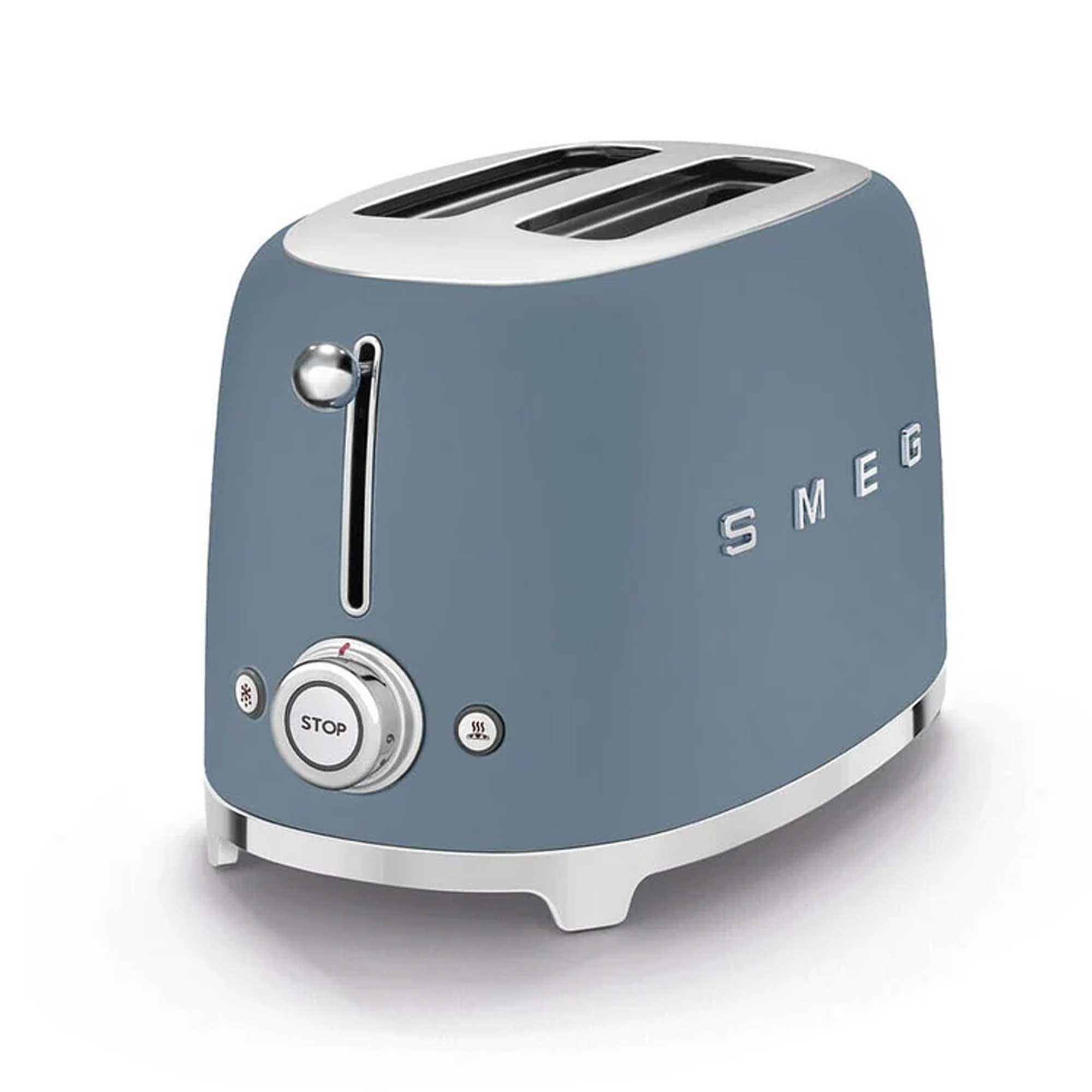 Blue Smeg toaster on a white background