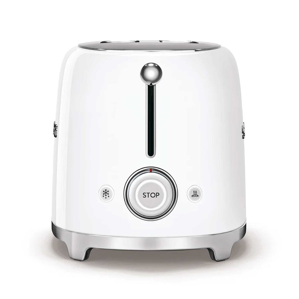 White toaster with silver accents on a white background