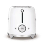 White toaster with silver accents on a white background
