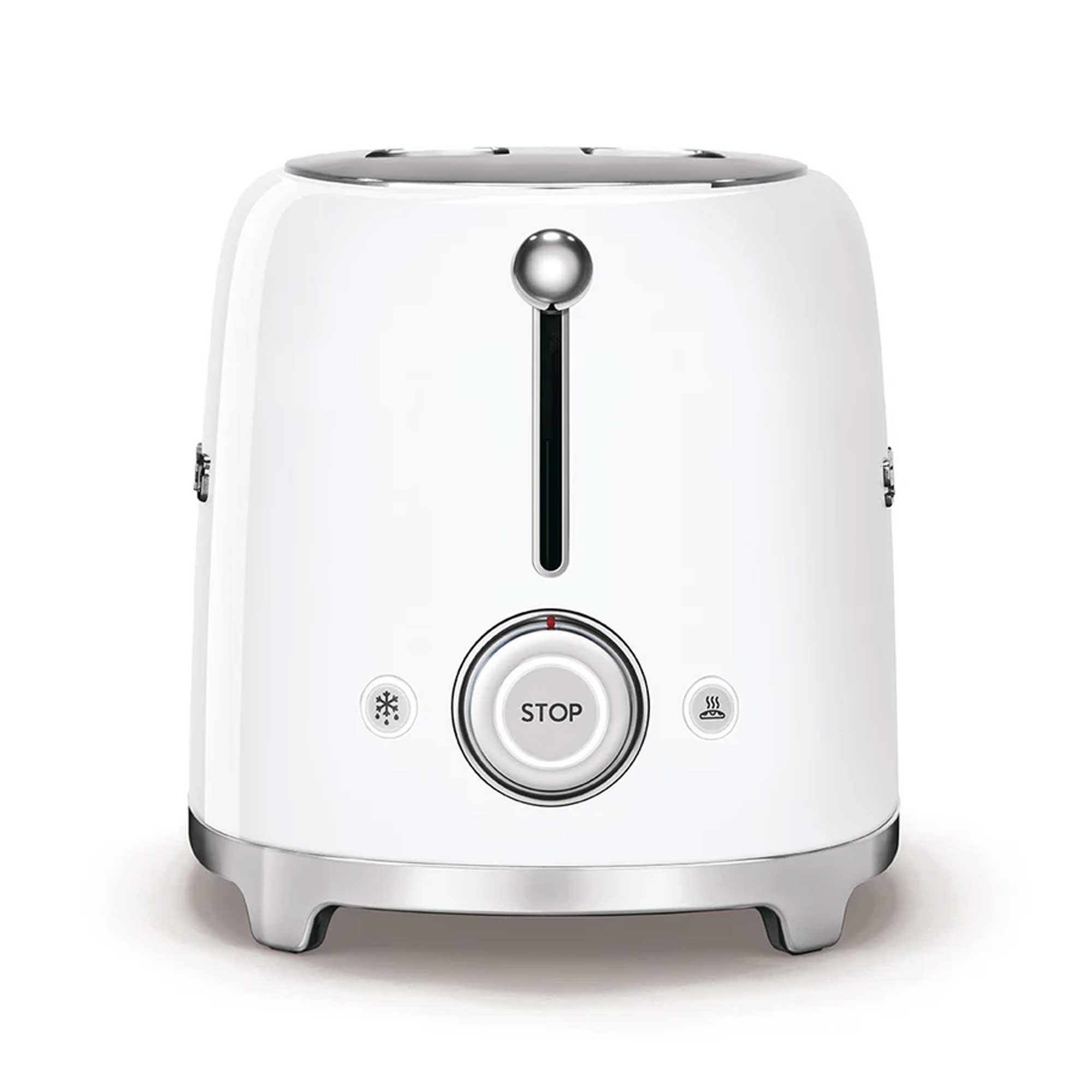 White toaster with silver accents on a white background