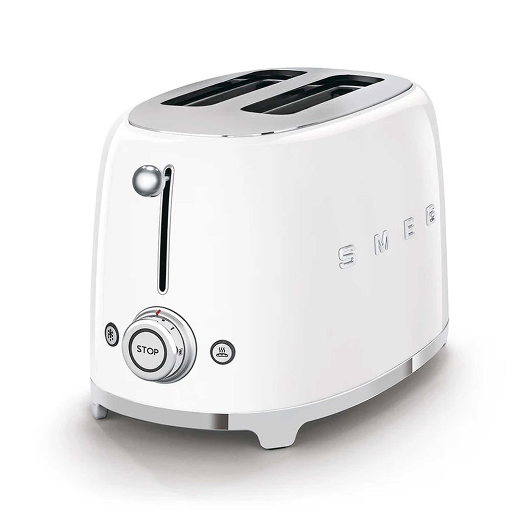 White toaster with chrome accents on a white background