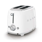 White toaster with chrome accents on a white background