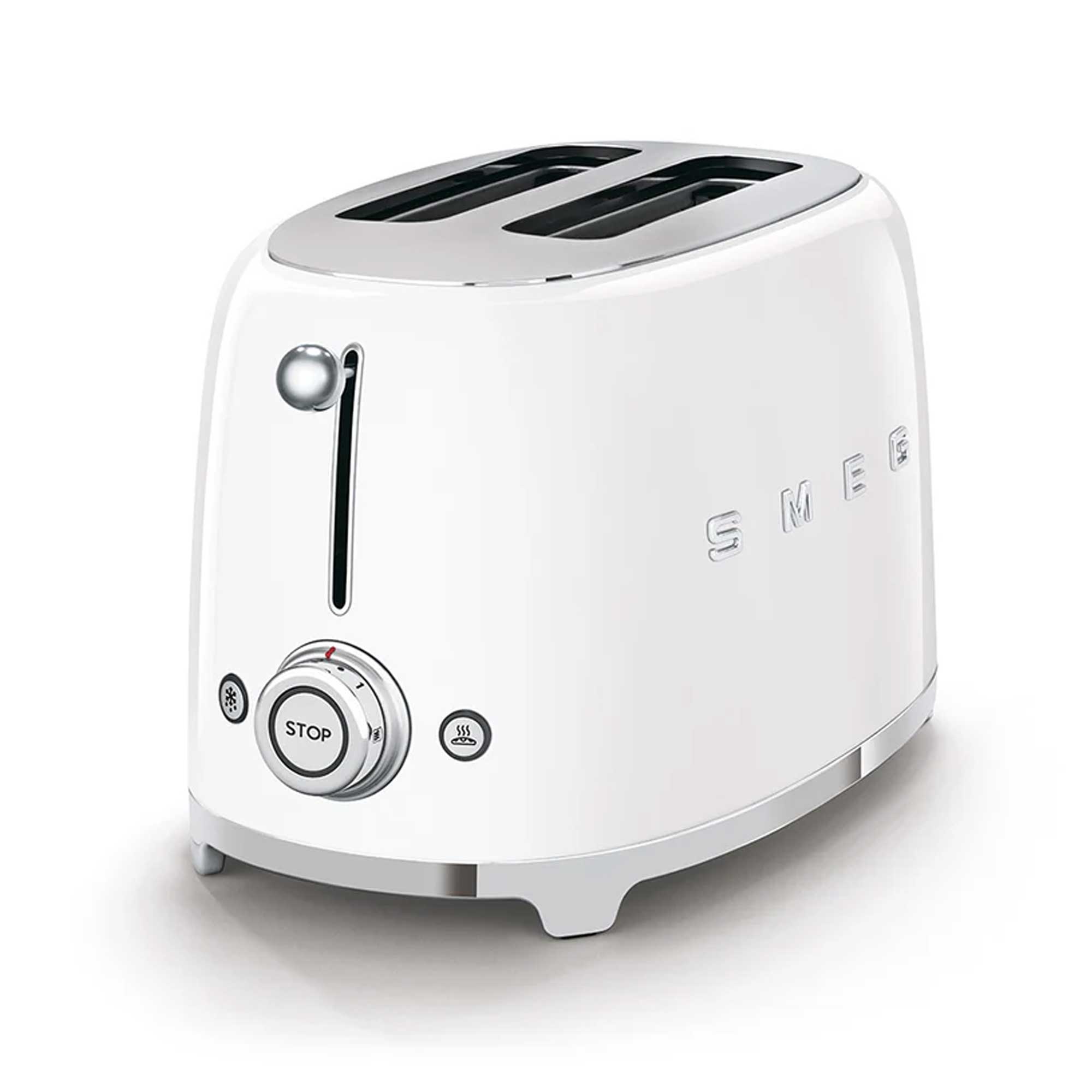 White toaster with chrome accents on a white background