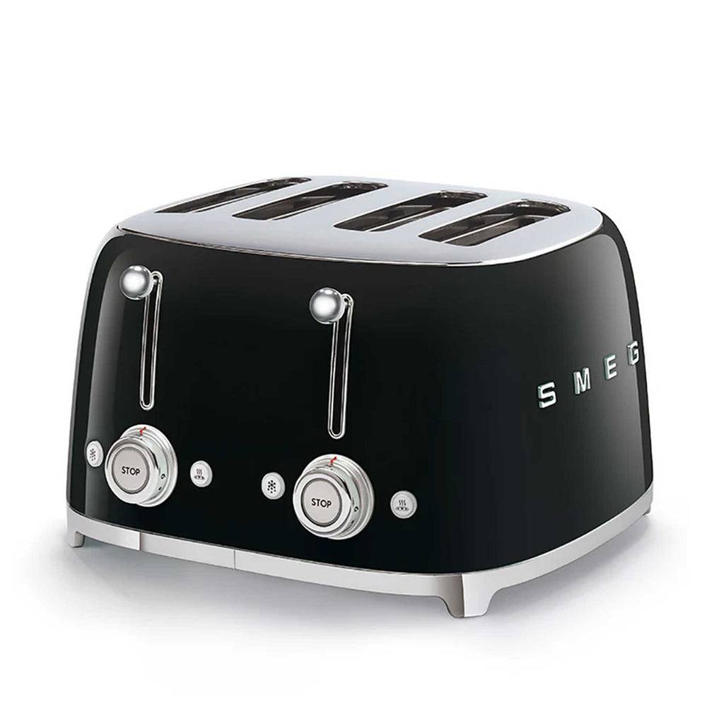 Black Smeg toaster with silver accents on a white background