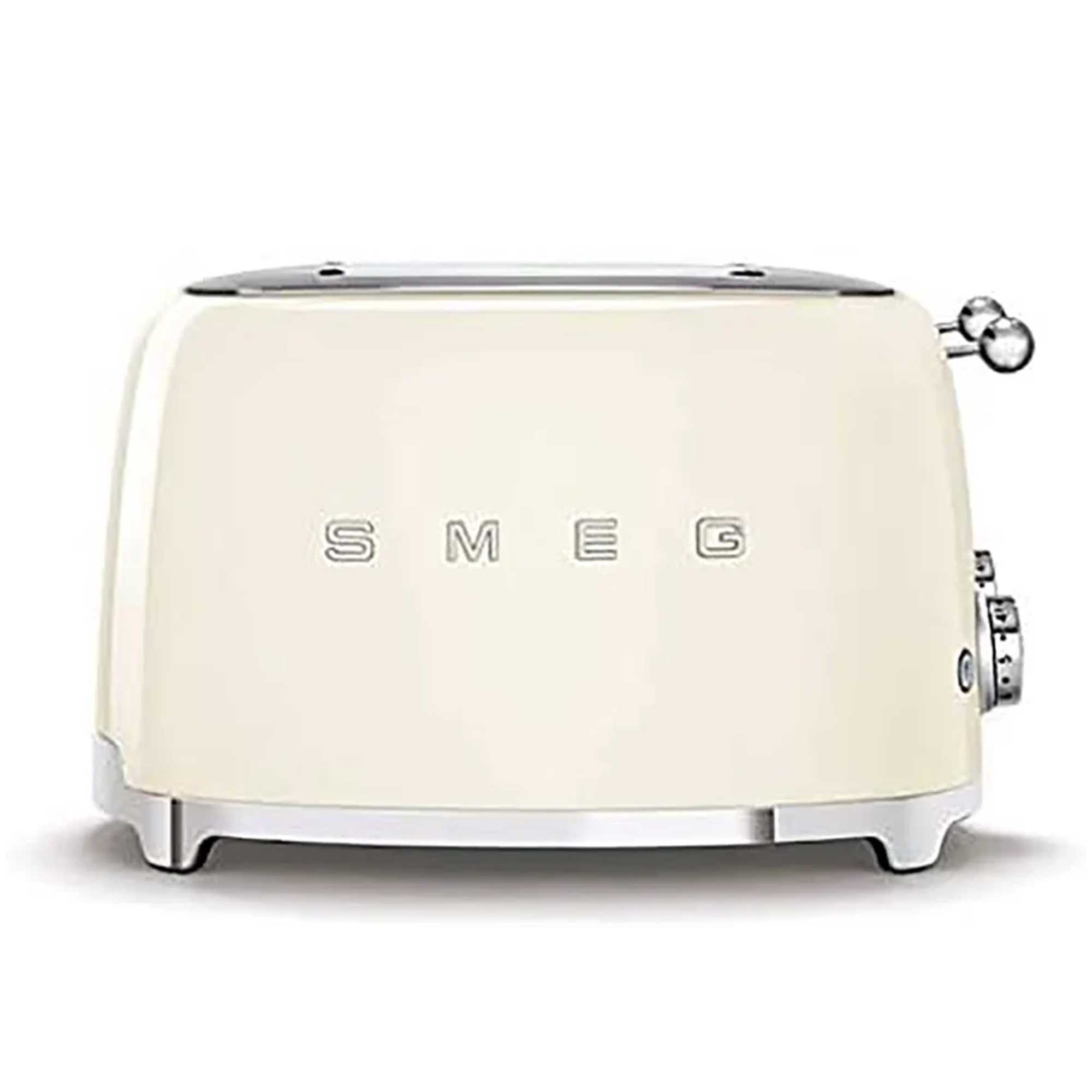 Cream-colored toaster with 'SMEG' branding on a white background