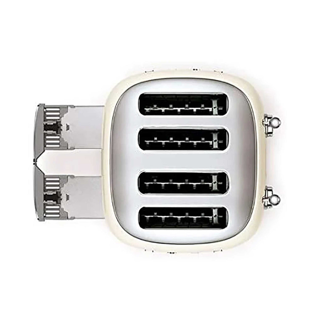 Cream toaster showing crumb tray and bread slots