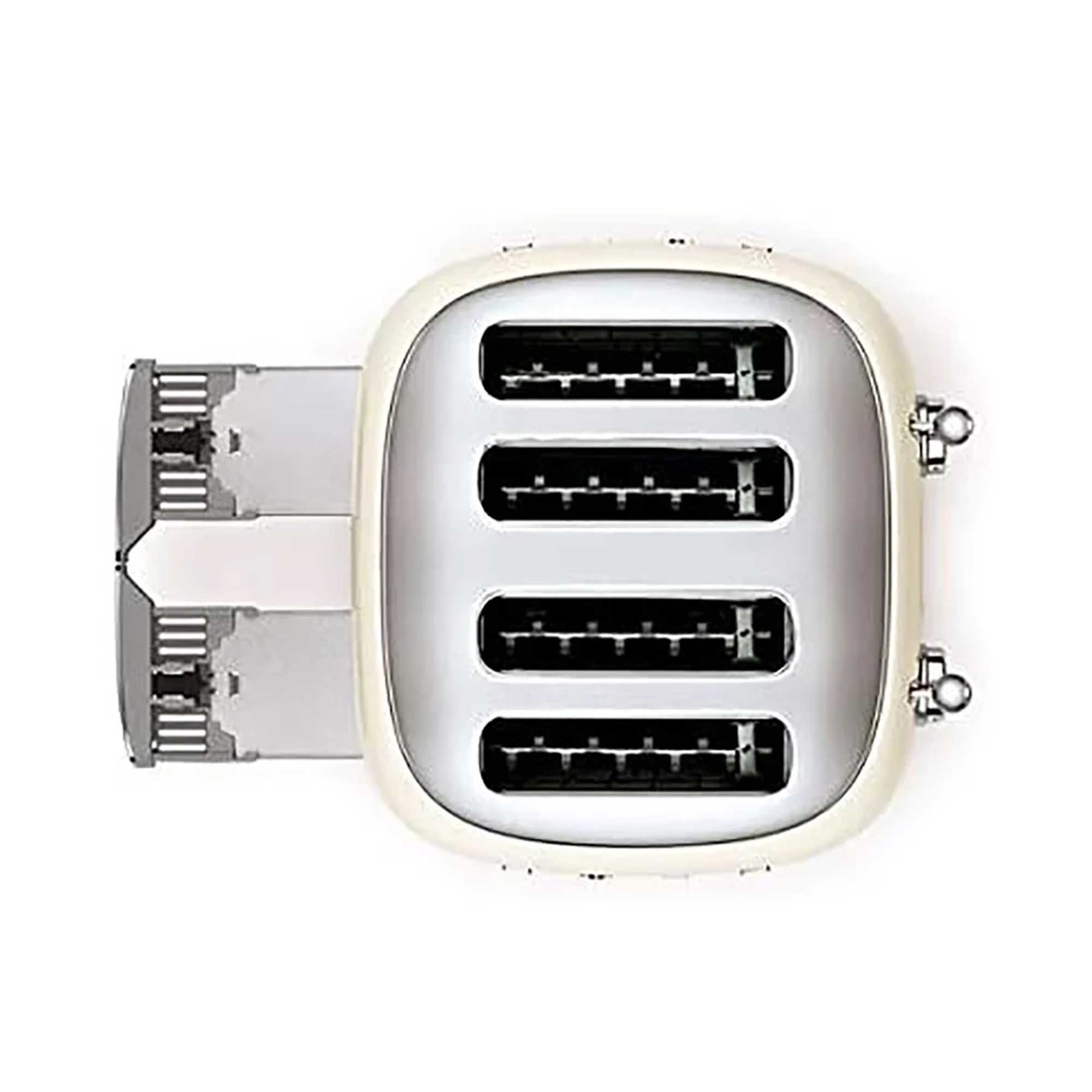 Cream toaster showing crumb tray and bread slots