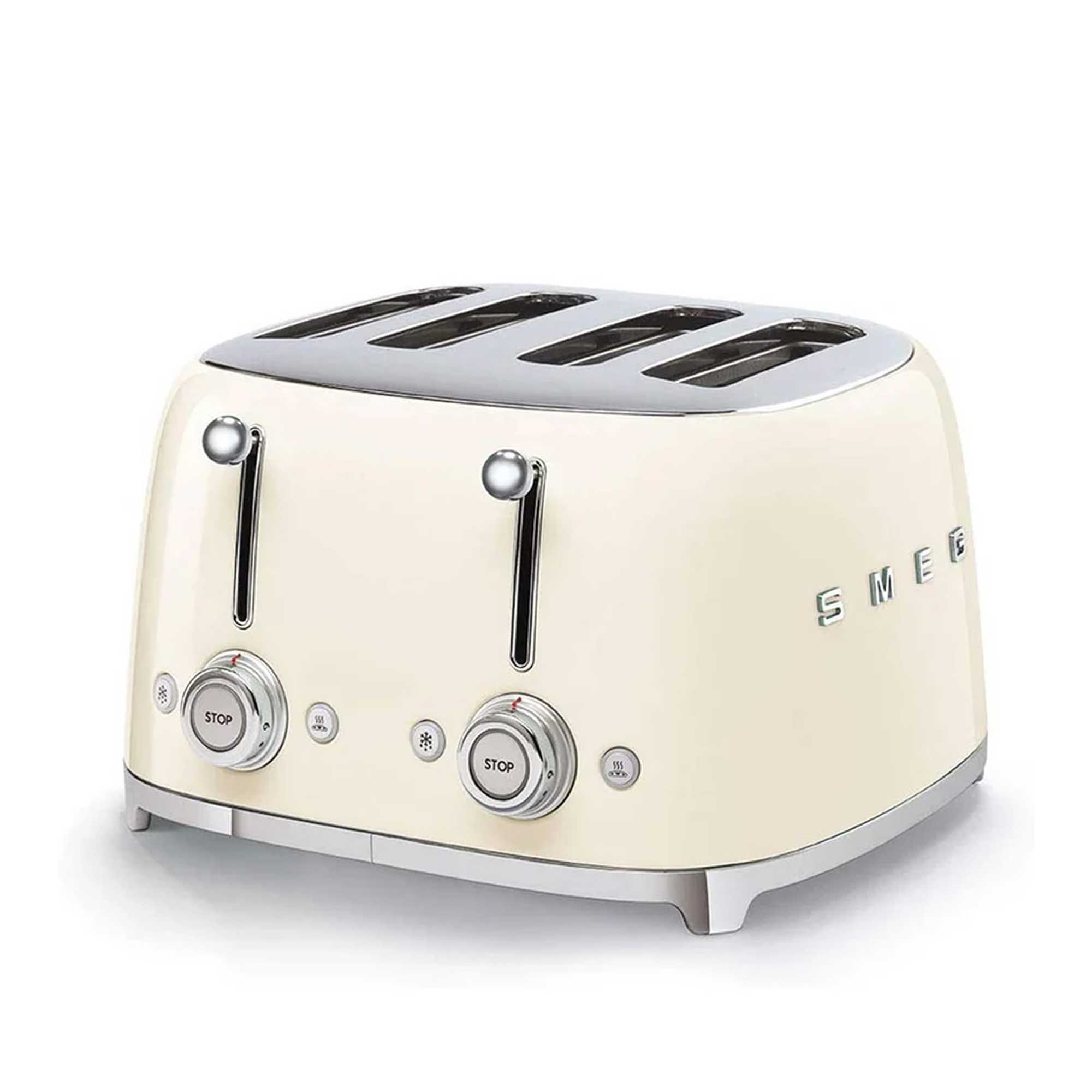 Cream-colored toaster with metallic accents on a white background