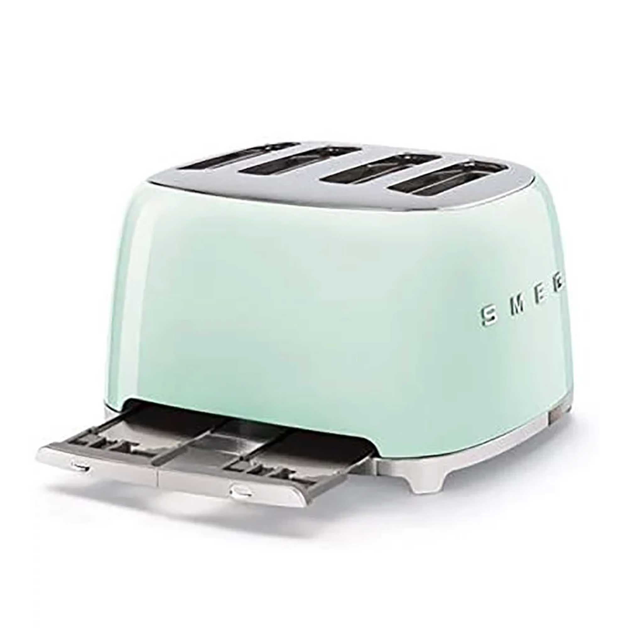 Pastel green toaster with 'Smeg' branding on a white background