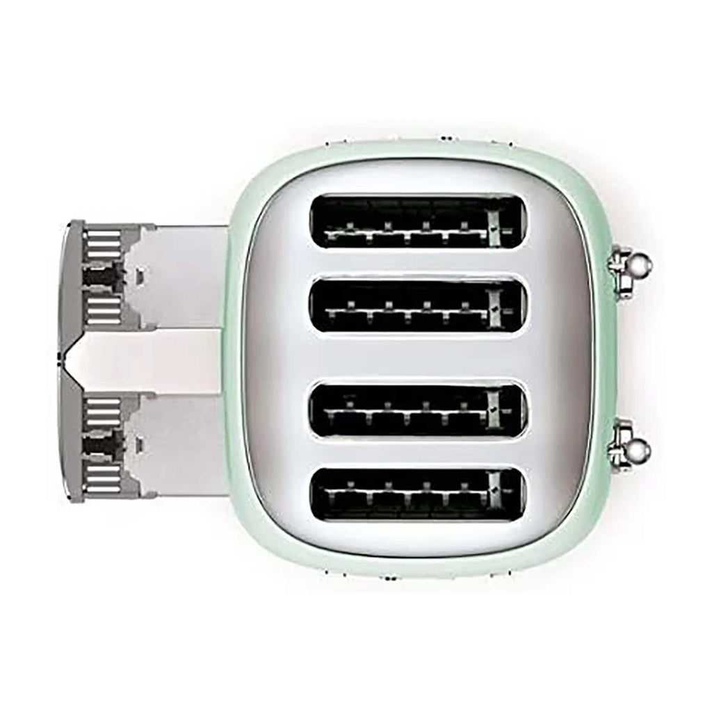 Pastel green toaster showing bread slots and crumb tray on a white background