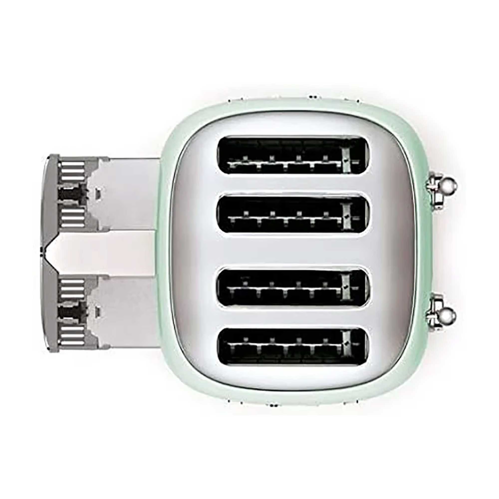 Pastel green toaster showing bread slots and crumb tray on a white background