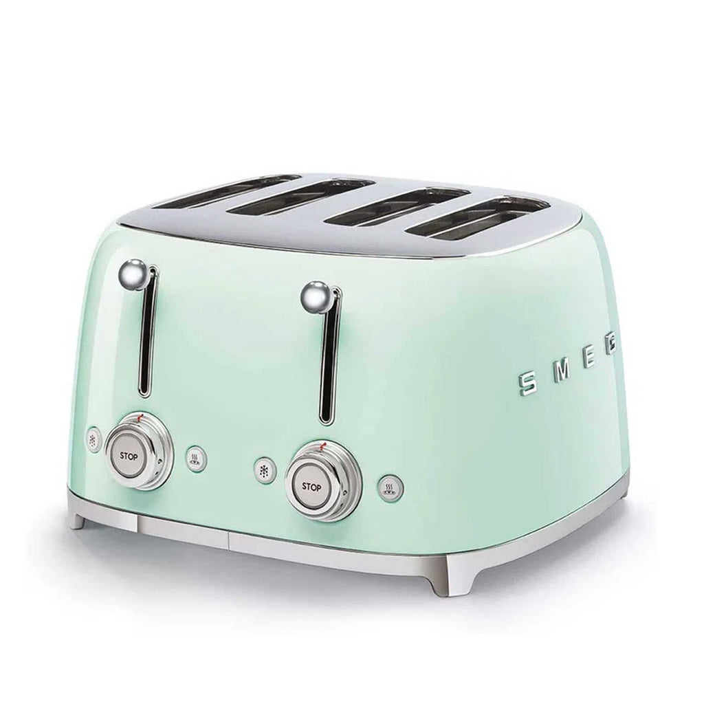 Pastel green toaster with silver accents on a white background