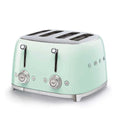Pastel green toaster with silver accents on a white background