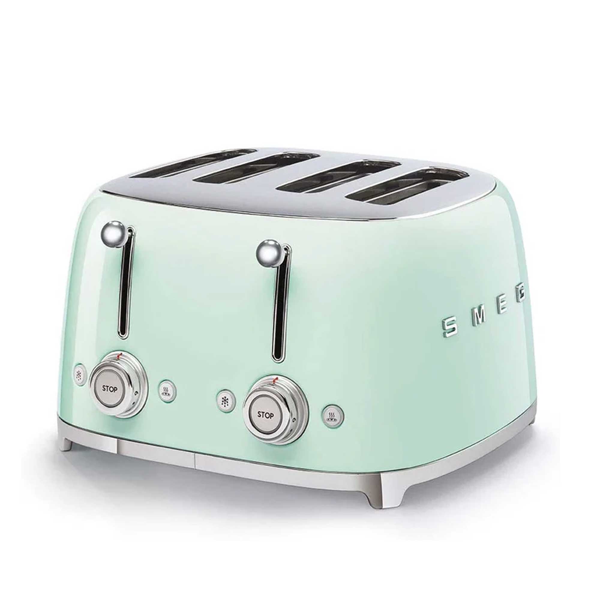 Pastel green toaster with silver accents on a white background