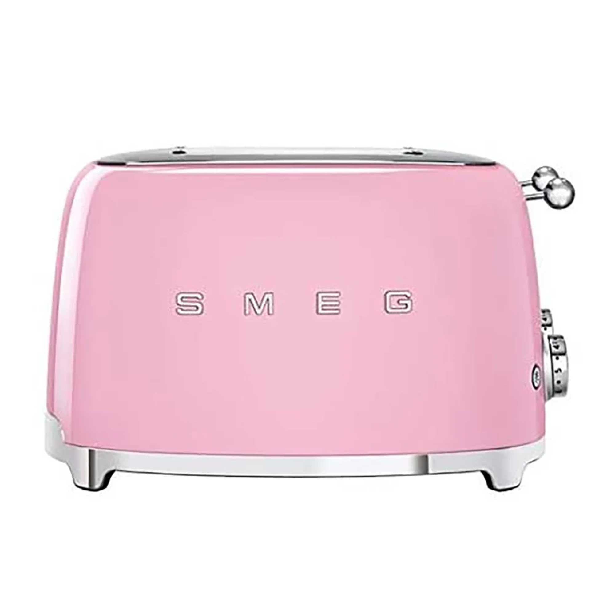 Pink toaster with 'SMEG' branding on a white background