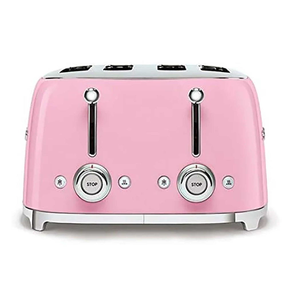 Pink toaster with silver accents on a white background
