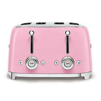 Pink toaster with silver accents on a white background