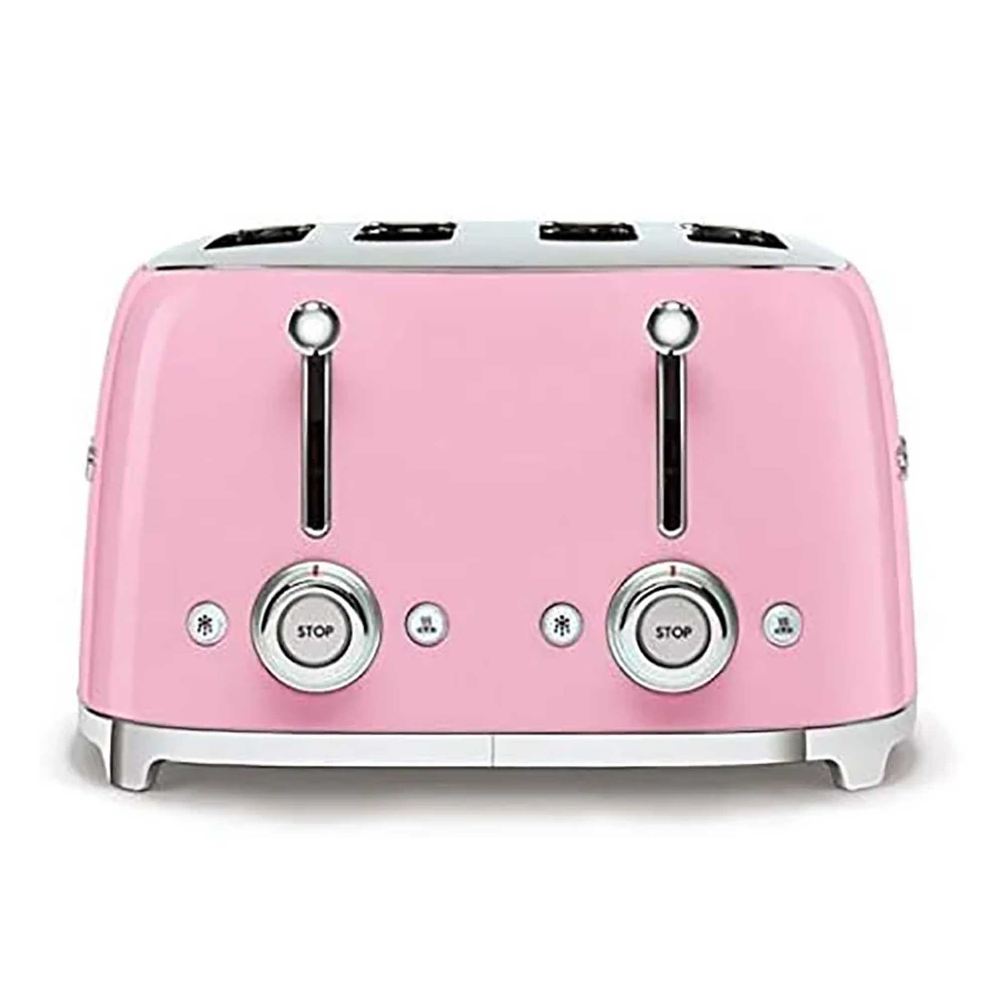 Pink toaster with silver accents on a white background