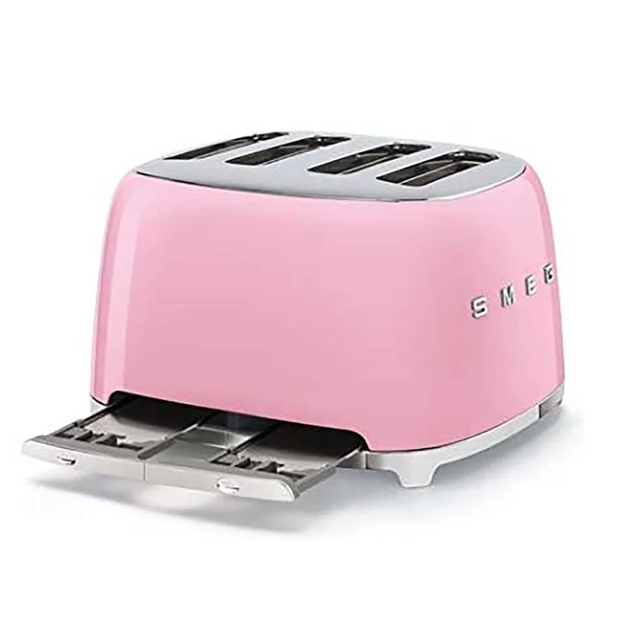 Pink toaster with 'Smeg' branding on a white background
