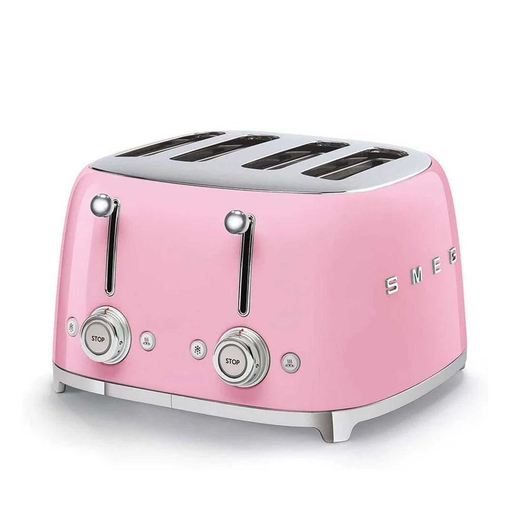 Pink toaster with metallic accents on a white background