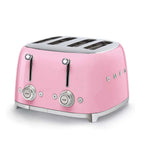 Pink toaster with metallic accents on a white background