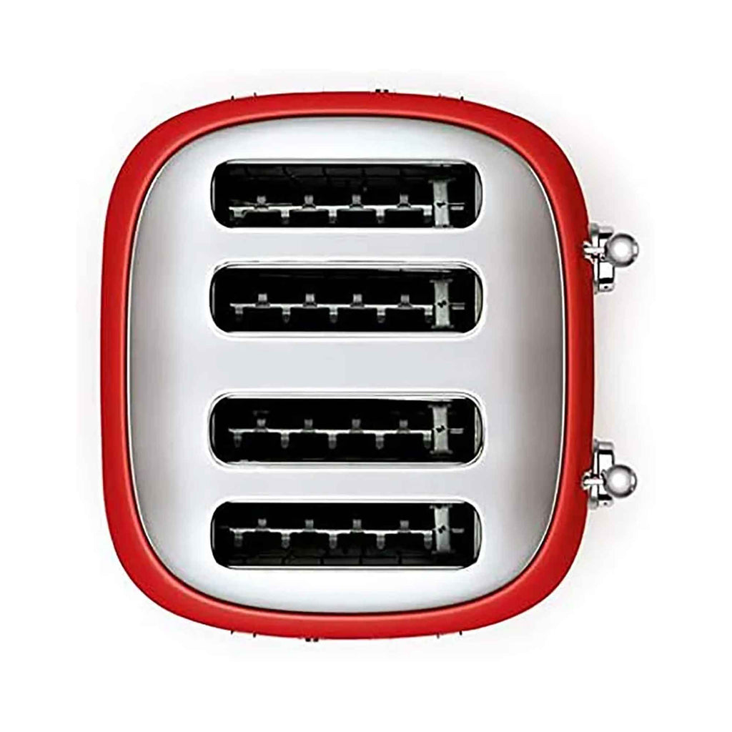 Red toaster showing bread slots on a white background