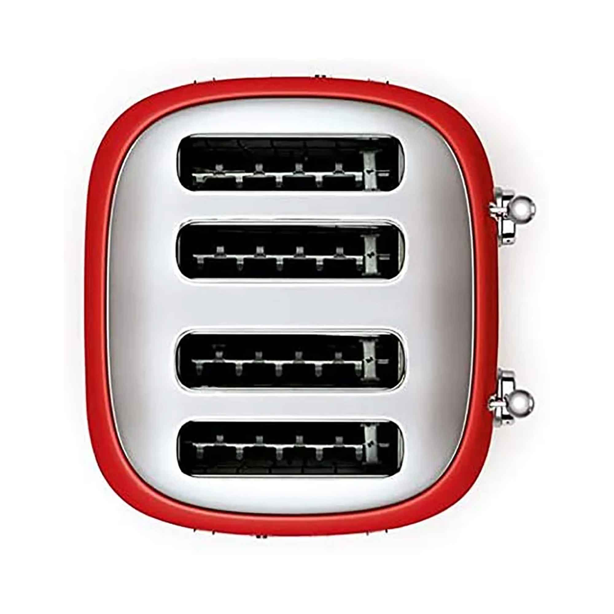 Red toaster showing bread slots on a white background