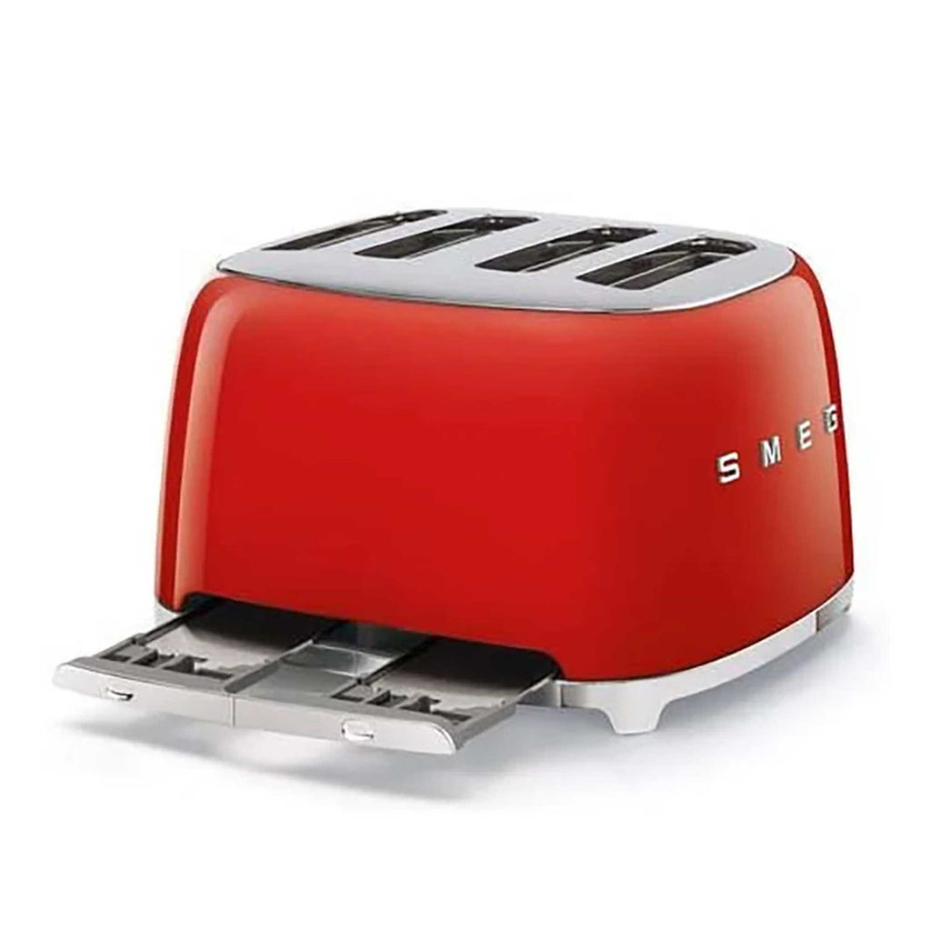 Red toaster with 'Smeg' branding on a white background