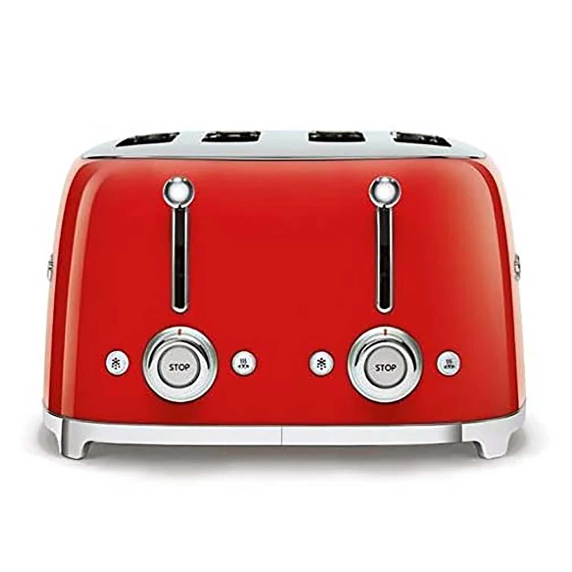 Red toaster with silver knobs on a white background