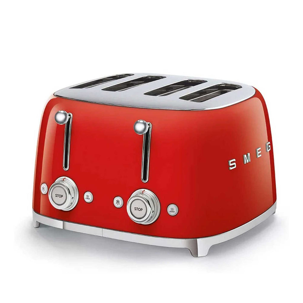 Red toaster with silver accents on a white background