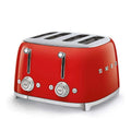 Red toaster with silver accents on a white background