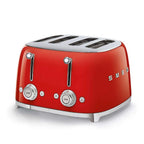 Red toaster with silver accents on a white background