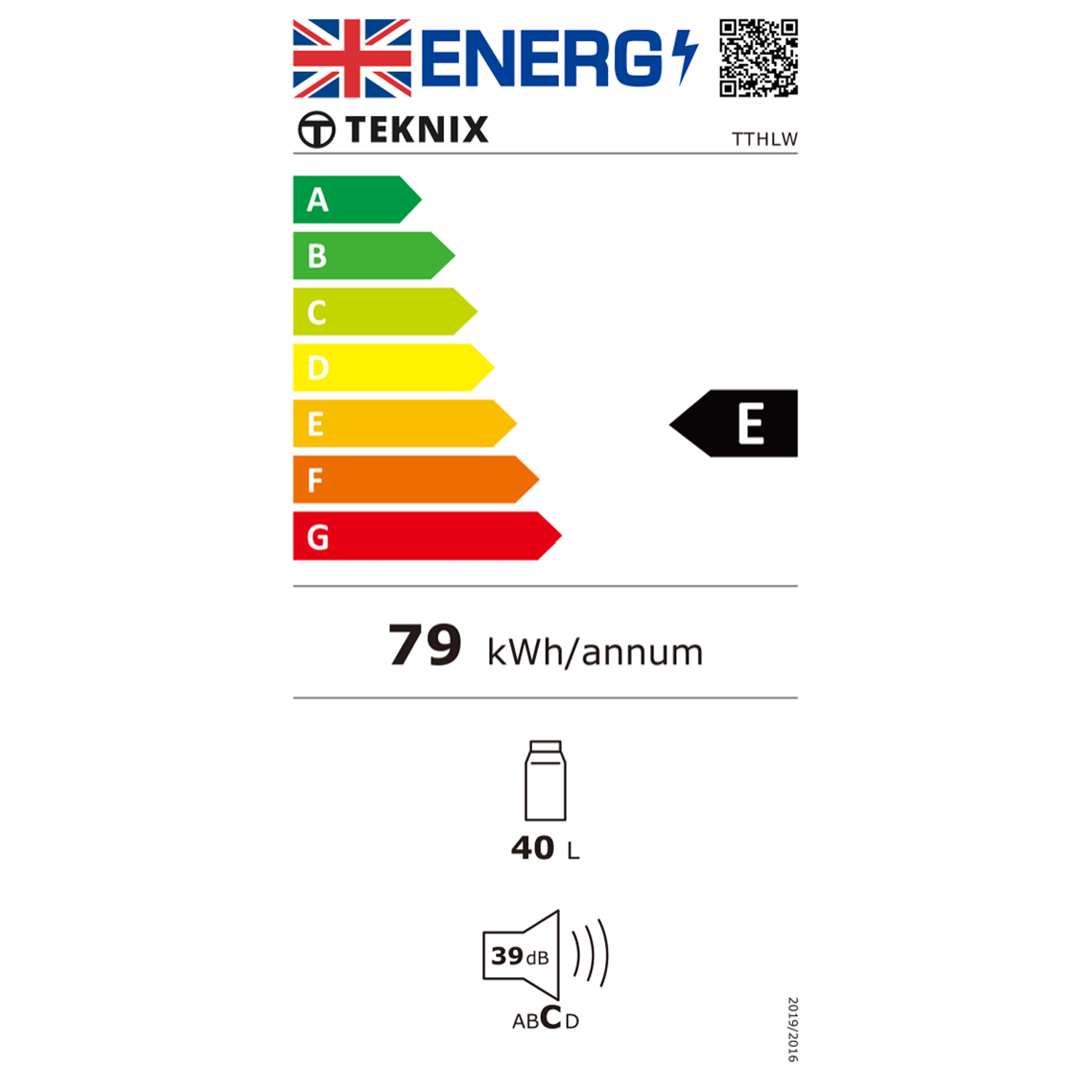 Teknix TTHLW Tabletop Larder Fridge, 40 Litres, 44cm Wide, White