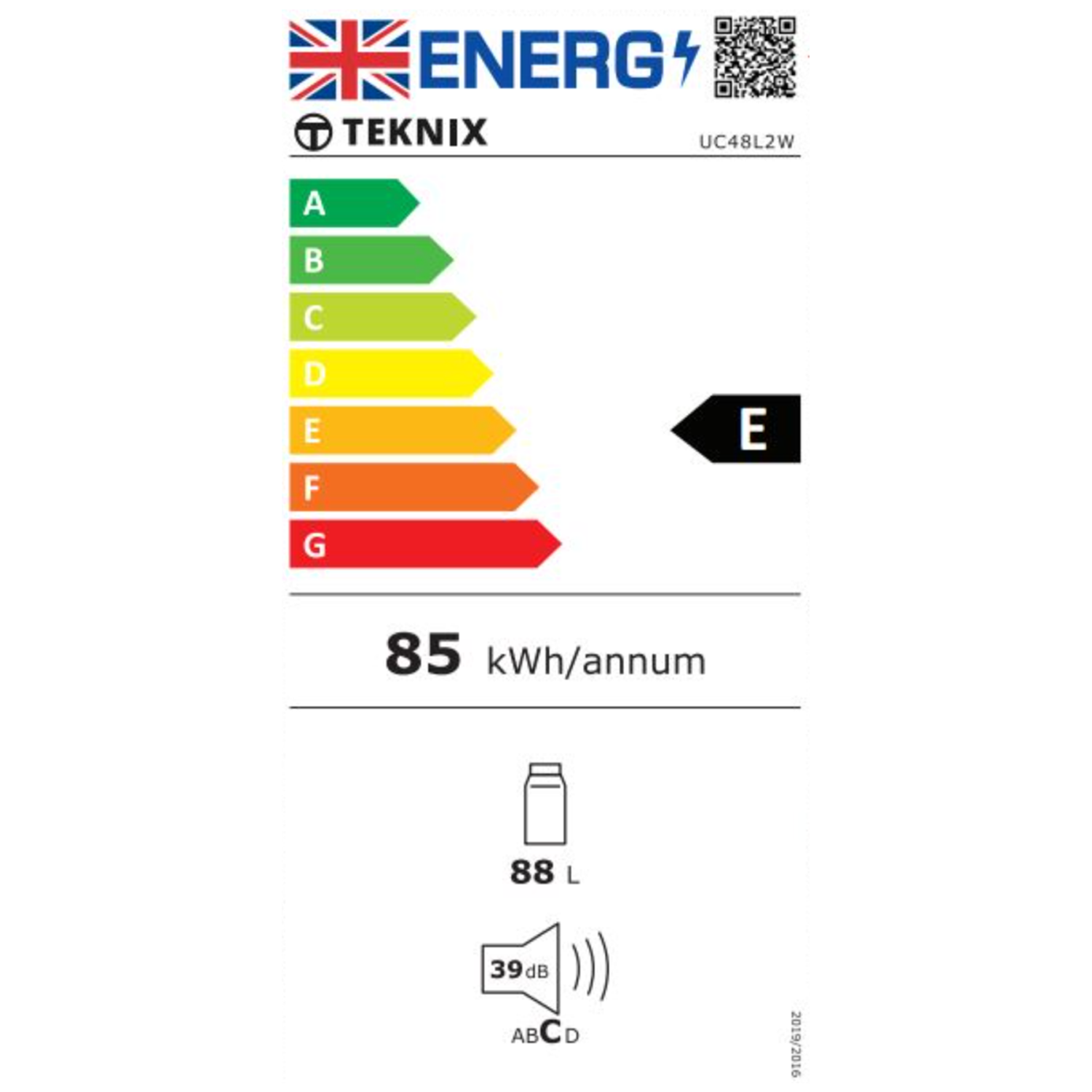 Teknix UC48L2W Undercounter Larder Fridge, 88 Litre Capacity, 48cm Wide, White