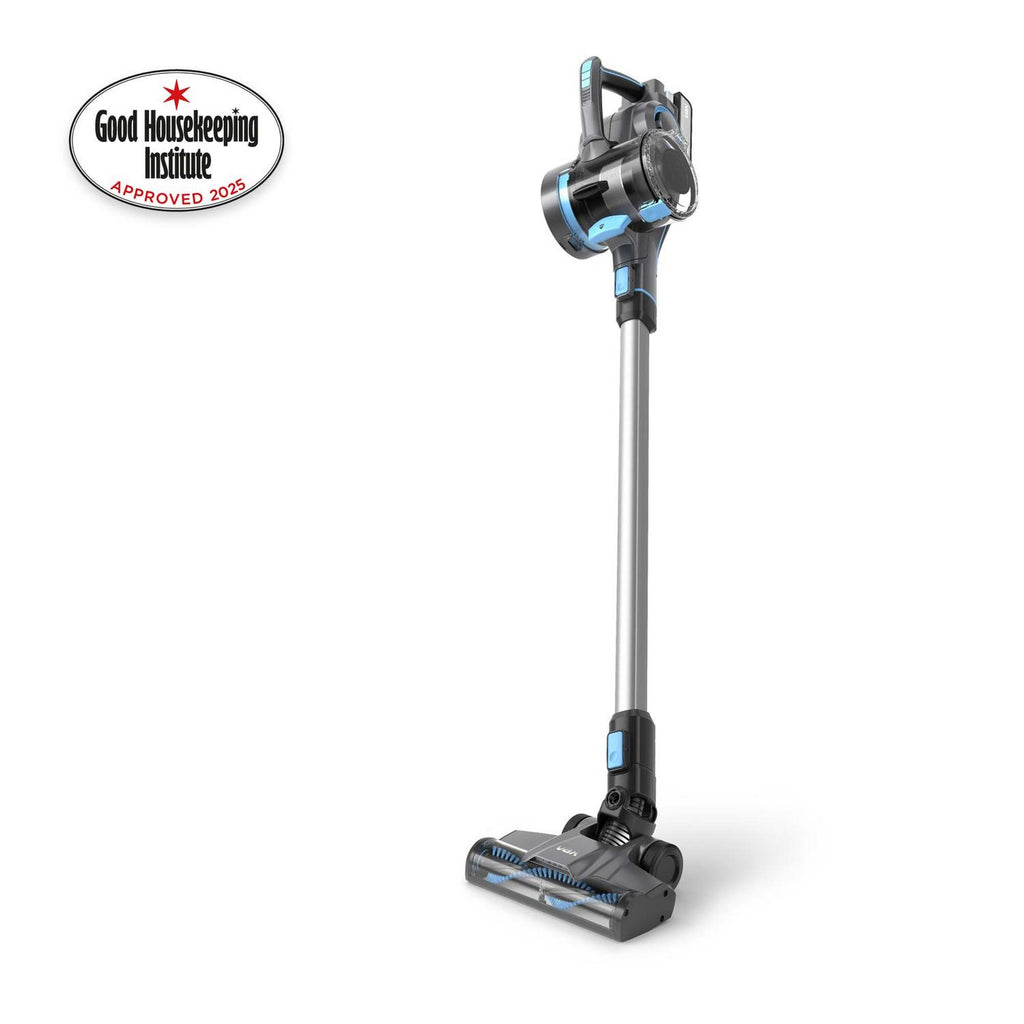 A cordless stick vacuum cleaner with a silver handle, black and blue accents, and a floor head, shown on a white background with a Good Housekeeping Institute Approved 2023 badge in the top-left corner.