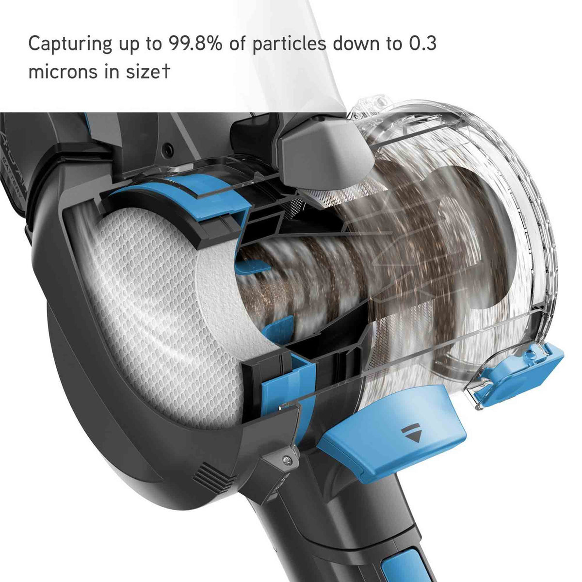 Close-up of a vacuum cleaner filter with text about particle capture efficiency.