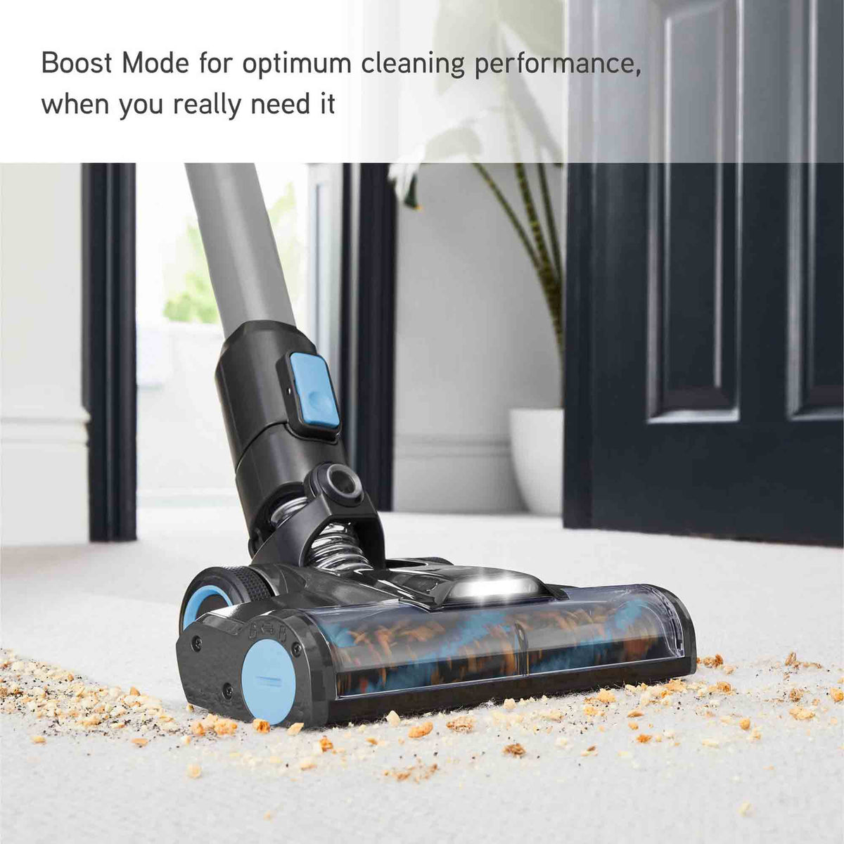 Vacuum cleaner with Boost Mode feature cleaning a floor.
