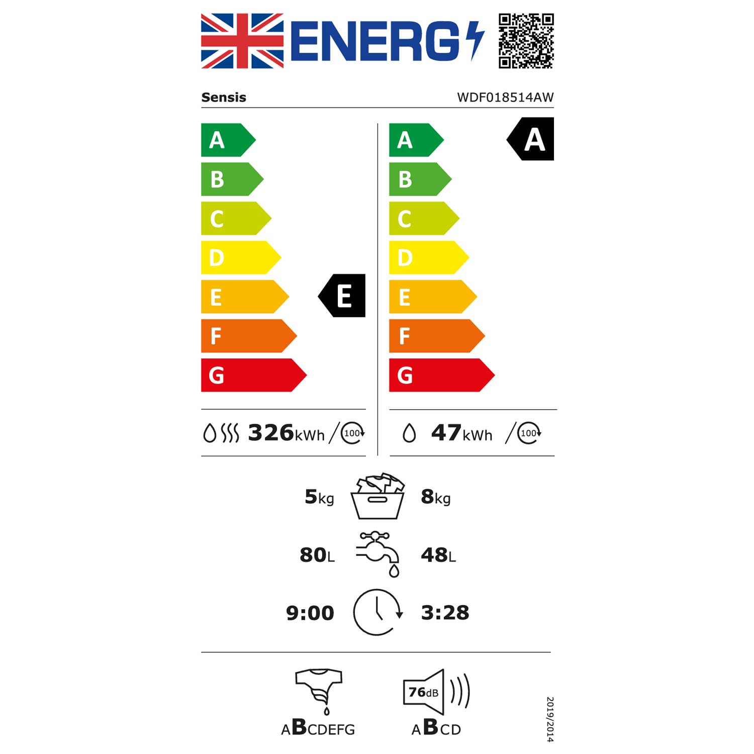 Sensis WDF018514AW 8kg Wash, 5kg Dry, 1400 Spin Freestanding Washer Dryer, White