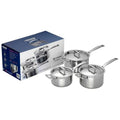 Set of stainless steel cookware with lids and packaging on a white background