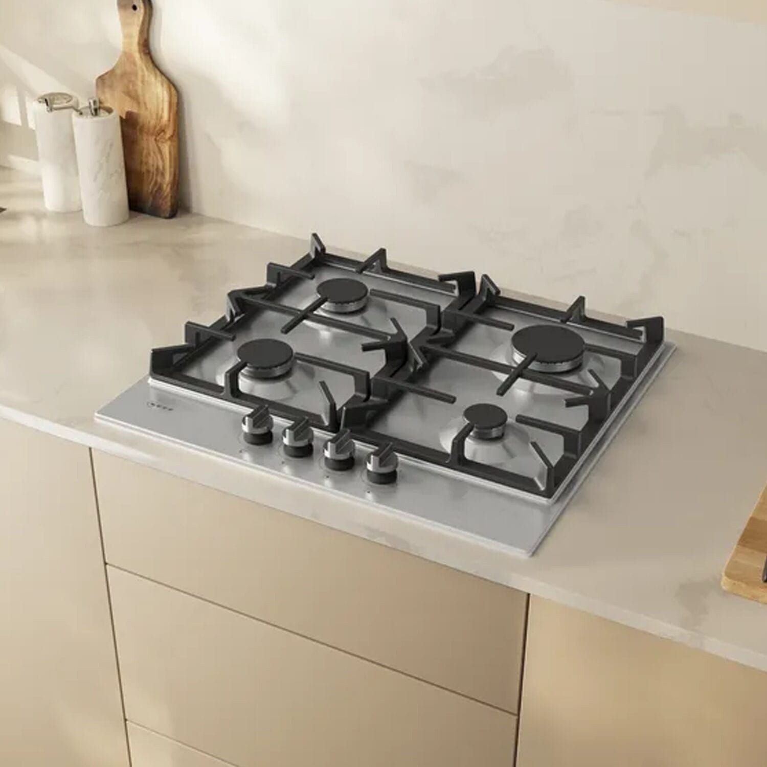 Neff T26CIP8N0 60cm 4 Burner Built-In Gas Hob with Rotary Control, Stainless Steel with Cast Iron Pan Supports image 2