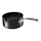Black saucepan with a silver handle on a white background